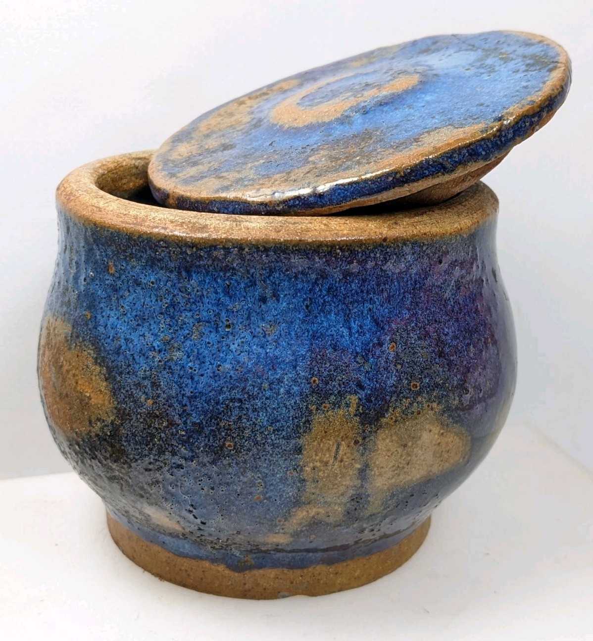 Studio Art Pottery Lidded Jar Blue Abstract Glazed Signed 4.25” x 4.5” Handmade
