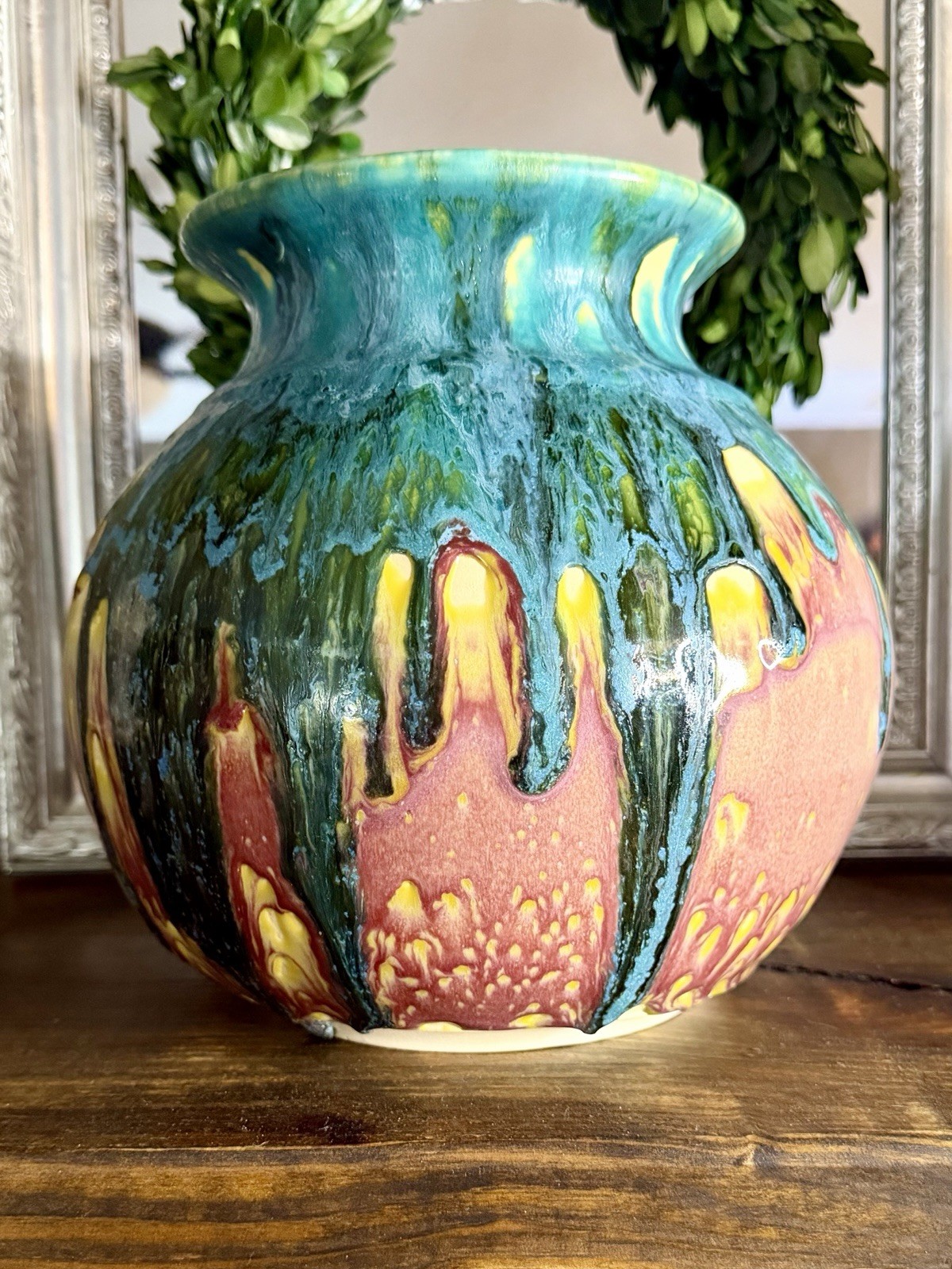 Handcrafted Artist Signed Multi-Color Blended Onyx Drip Glaze Pottery Vase 8.75″