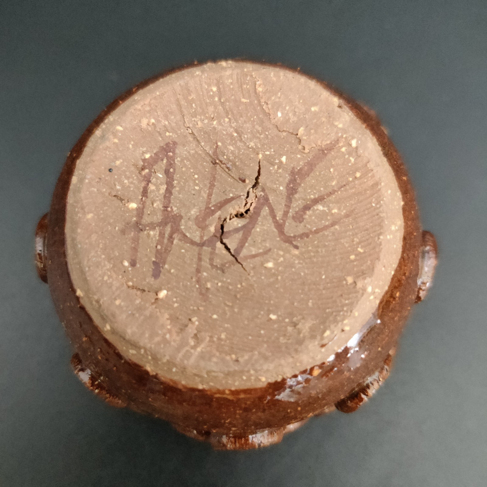 Miniature Brown Pottery Vase Signed Arlene with Applied Decorative Details