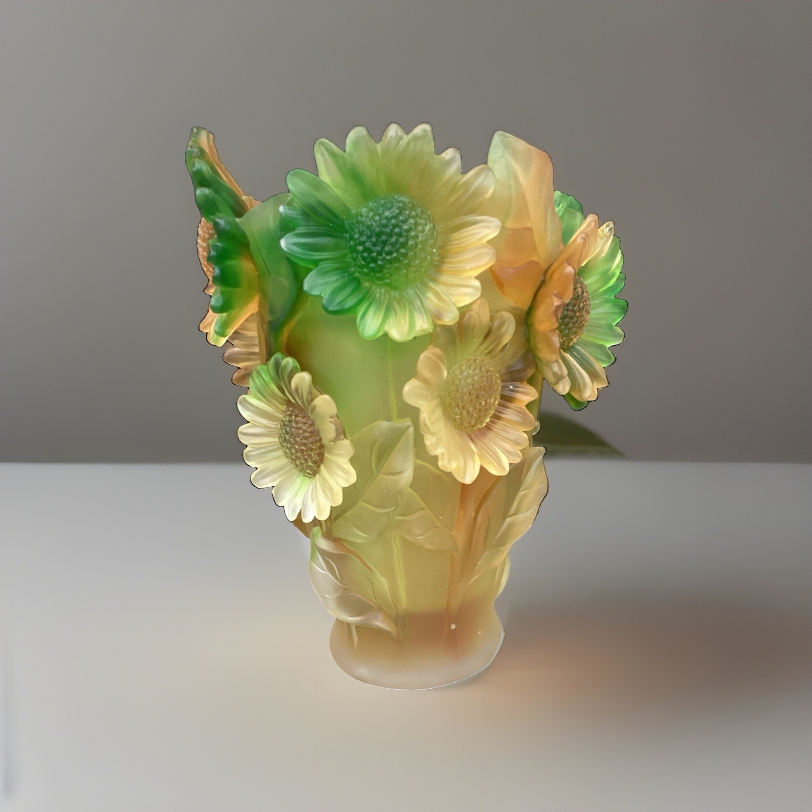 compatible with Nancy Daum Sunflower Xl Crystal Vase H9” Heavy Art Glass