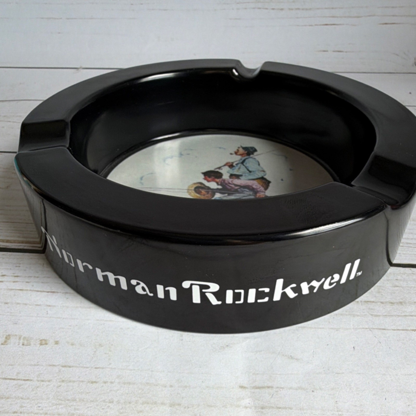 American Scene Boy with Dog Norman Rockwell Tabletop Cigar Black Ashtray