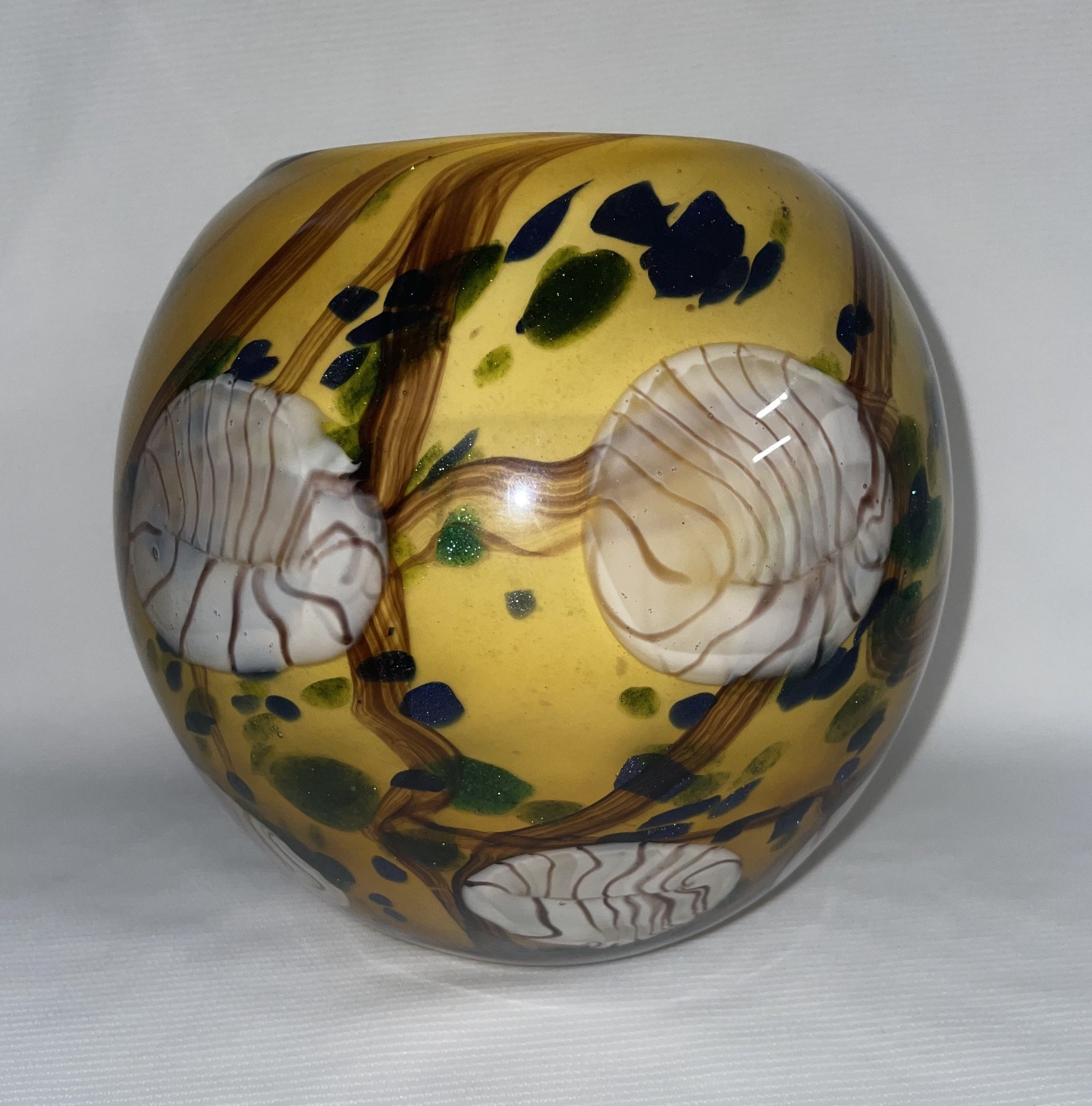 Studio Art Glass Round Multi-Color Glitter Vase W/ White Interior Pontil Mark