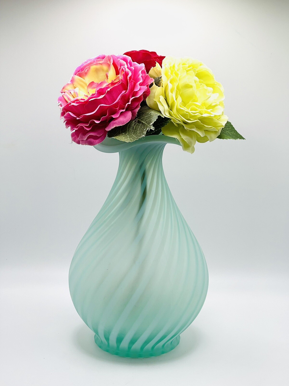 Vintage Fenton Vase Opalescent Spiral Optic Satin Green