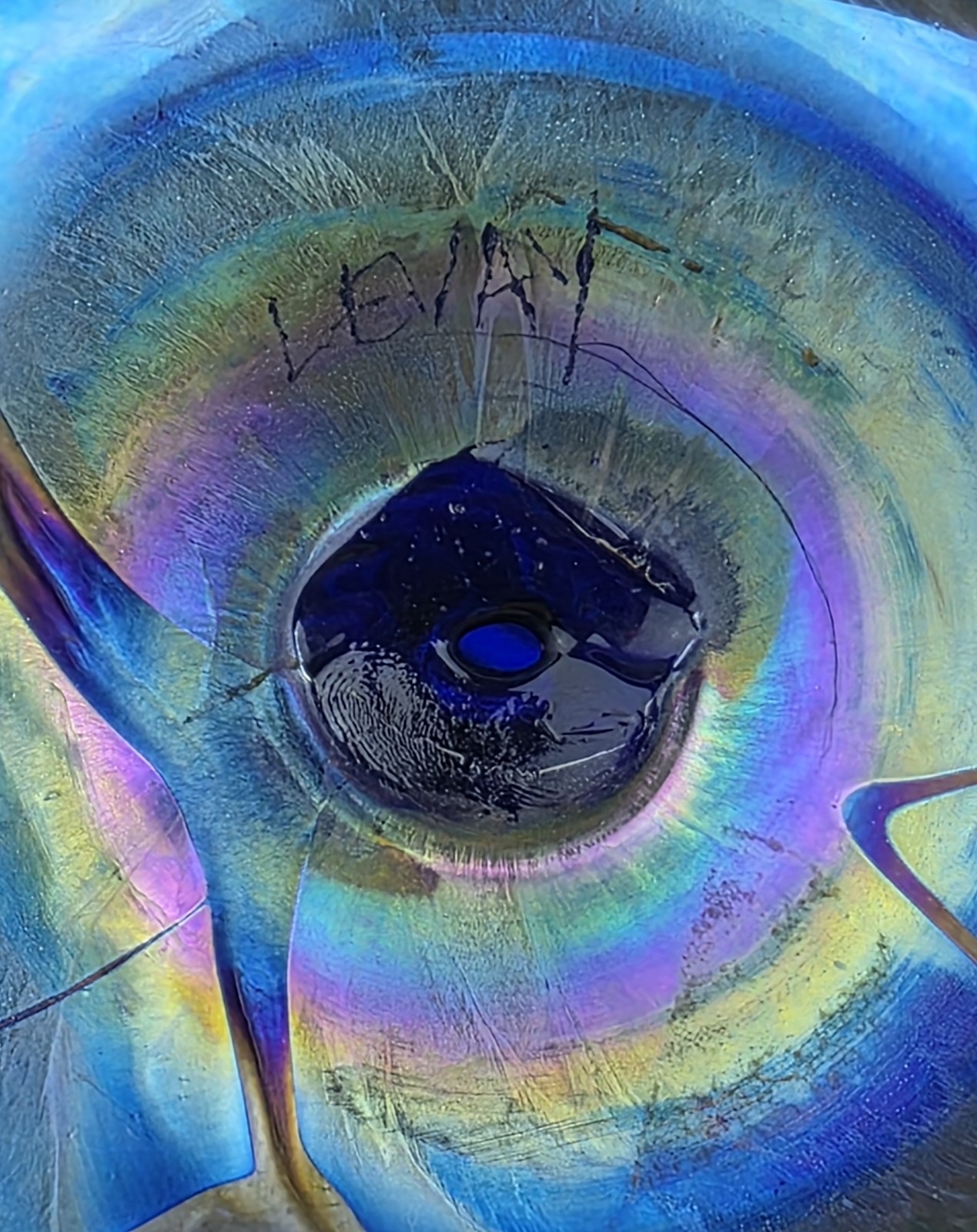 Levay Iridescent Paperweight Handblown Art Glass, Official Levay Stamp on Bottom