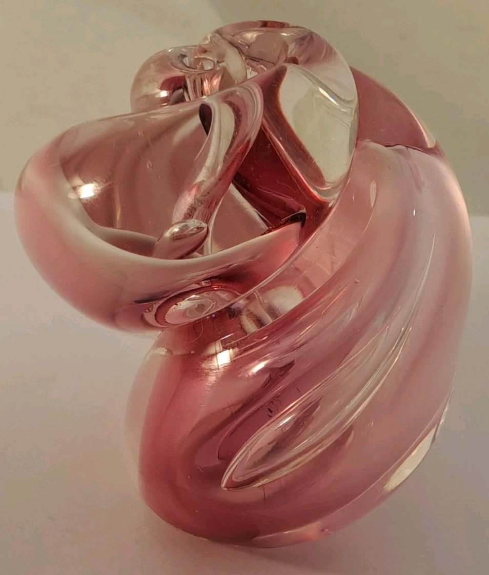 Pink Purple Clear Art Glass Paperweight Nautilus Shell Swirl 3 1/4” Signed