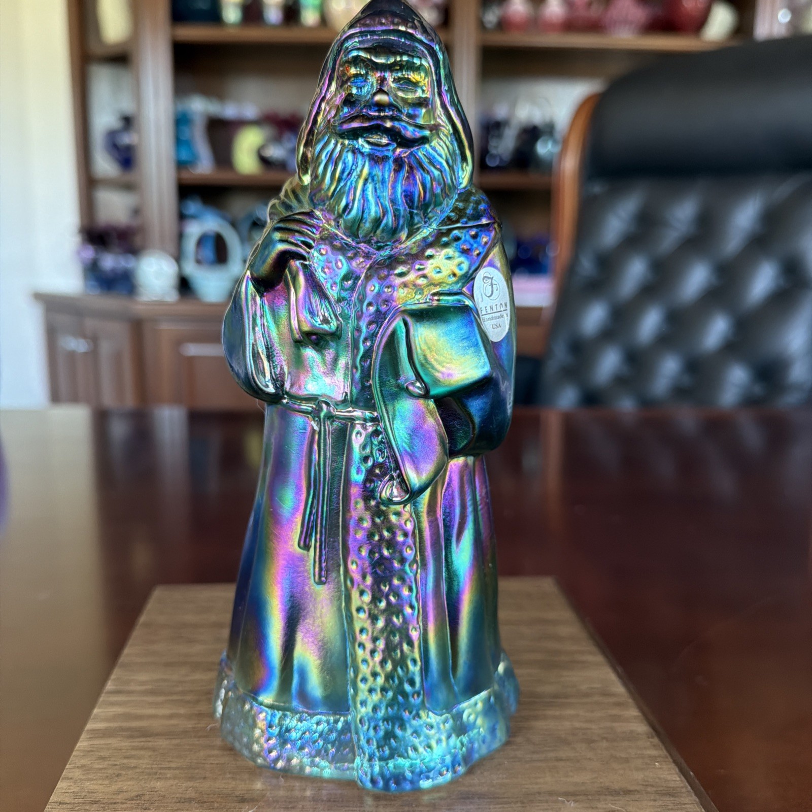Glorious Vintage Fenton Glass Spruce Green Vintage Iridescent Carnival Santa 8”