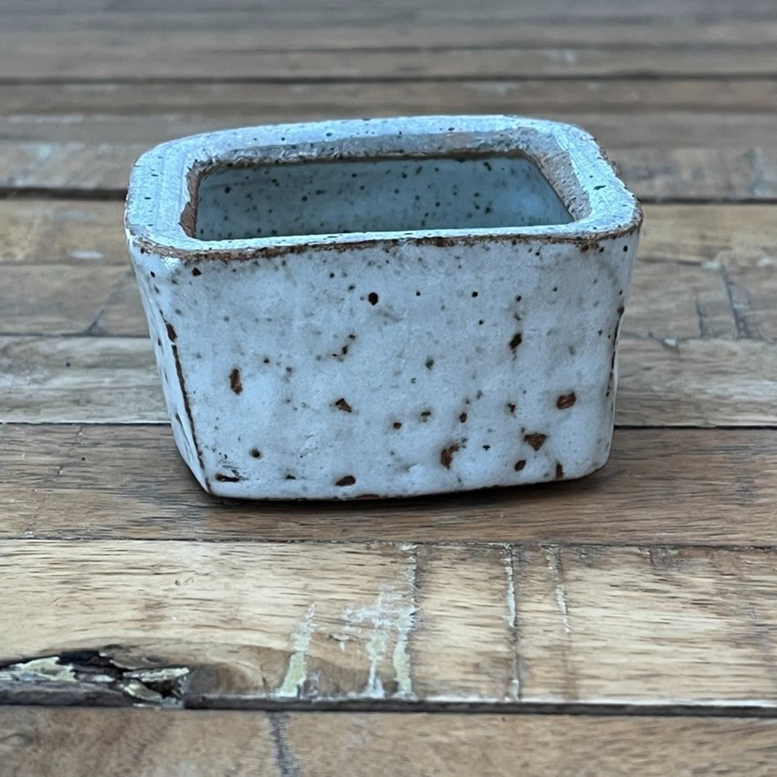 Art Studio Small Stoneware Container Planter 3″ Square White Speckled Signed