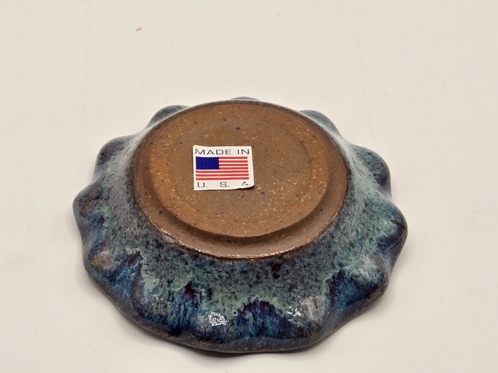 Handmade Pottery Trinket Dish Crystalline Bottom Wavy Edge Blues Browns