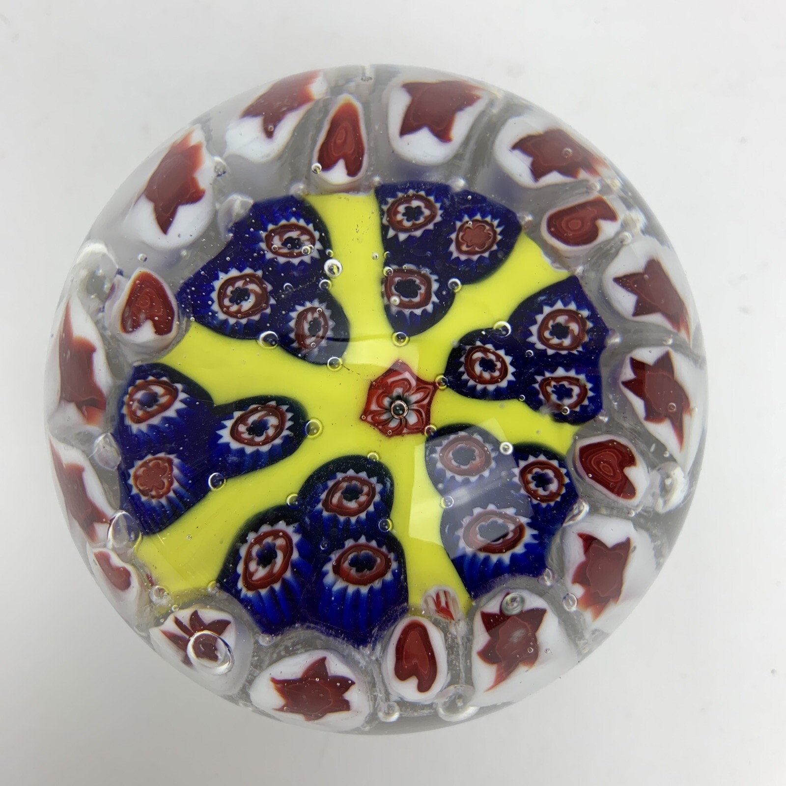Millefiori Glass Paperweight Yellow Blue Red White Starburst Floral Heart Motifs