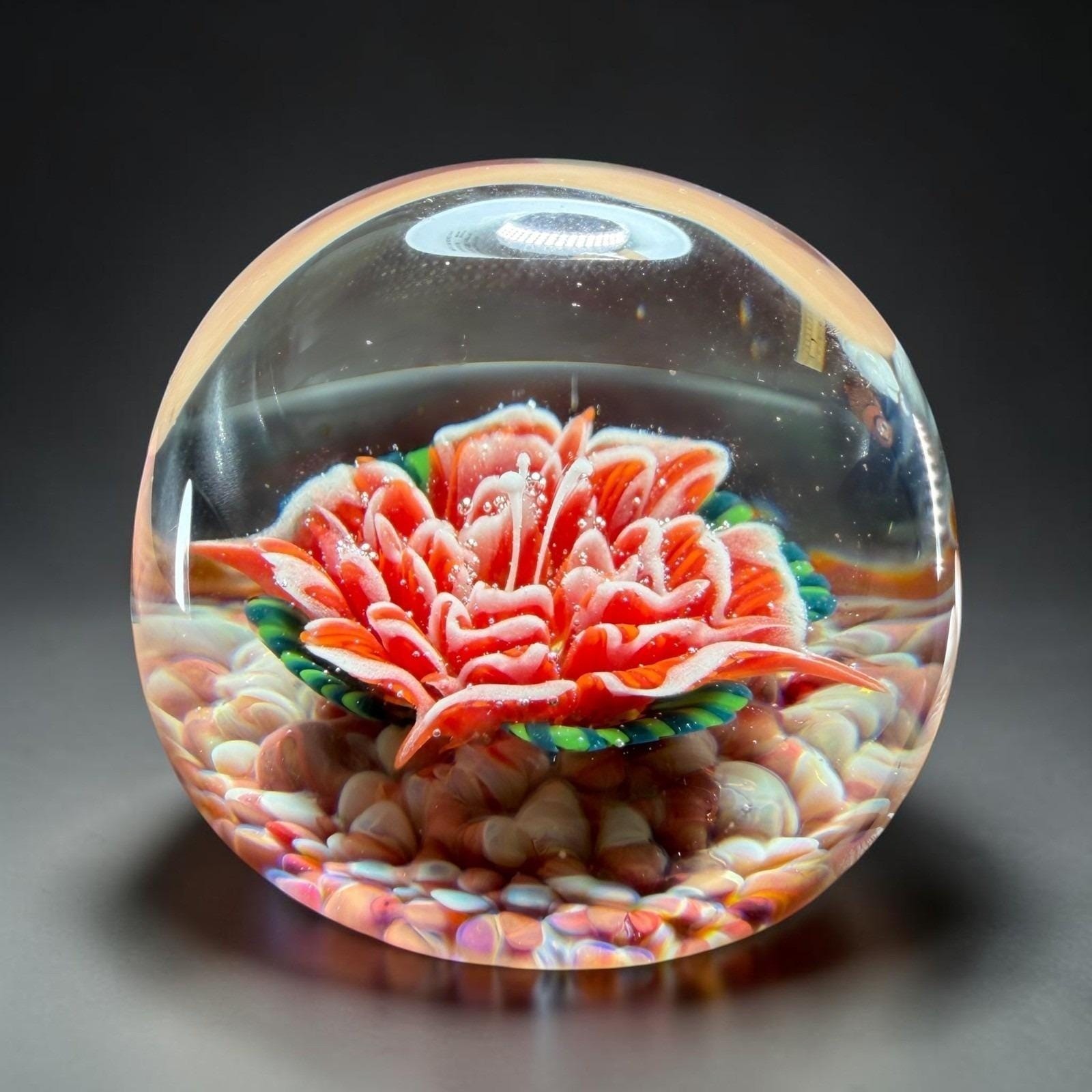 Vintage Hand Blown Art Glass Paperweight Red Flower Dome Artisan Glassware VTG