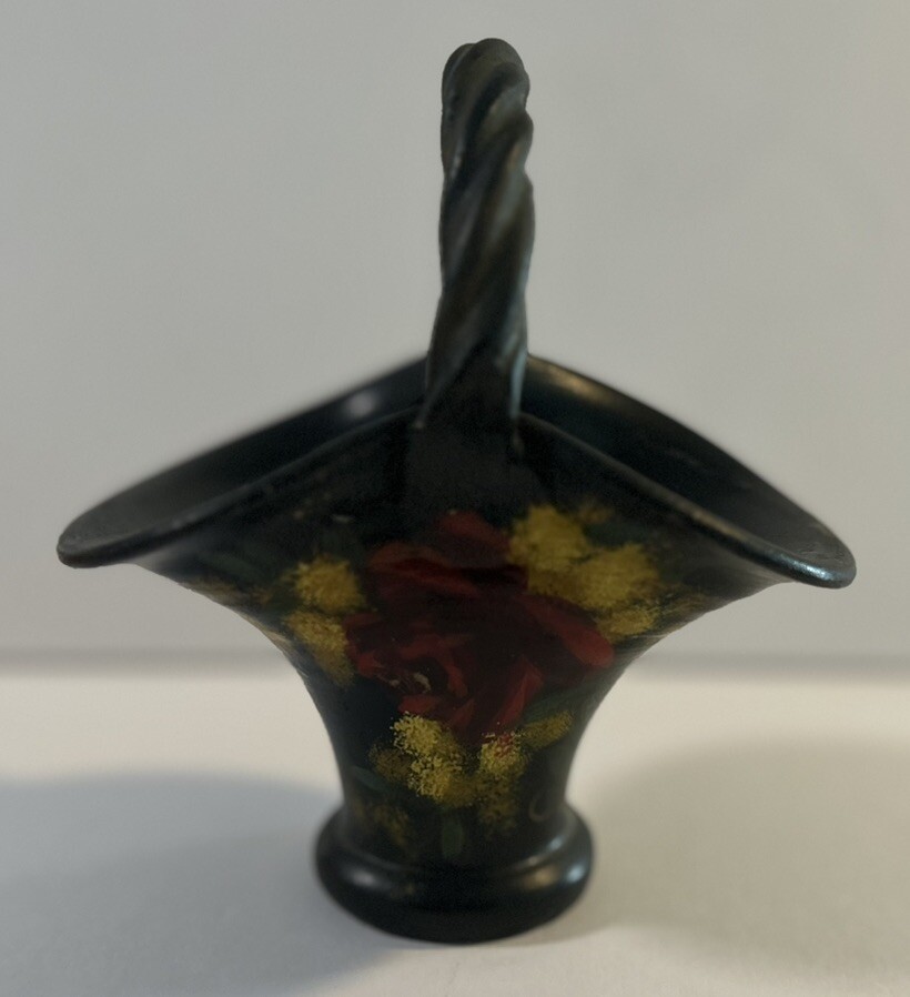 Small Black Pottery Basket Hand Painted Red Flower Signed/Numbered Cannes PN150
