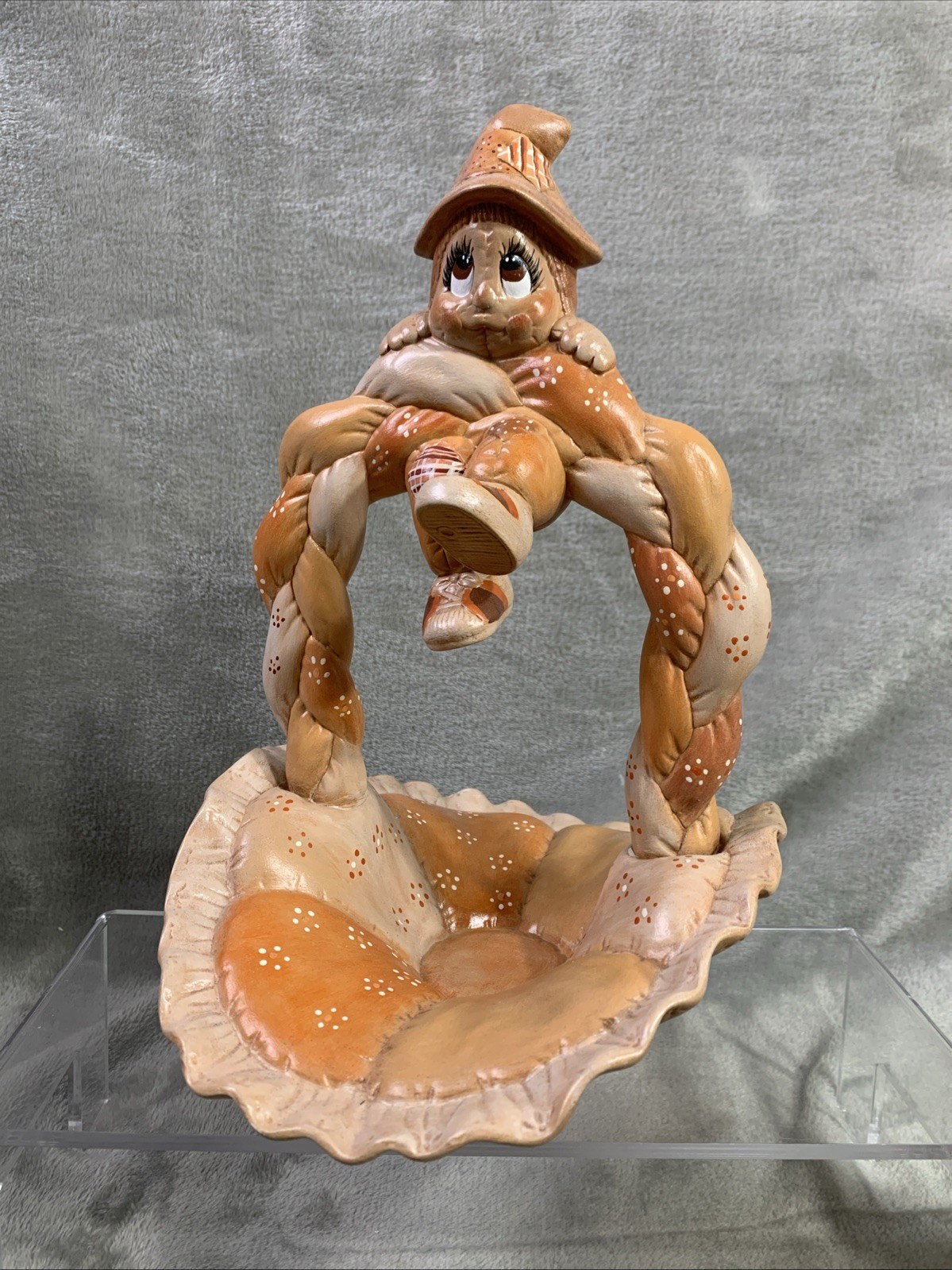 VTG Ceramic Scarecrow Patchwork Basket 1985 Brown Fall Harvest Cottagecore Decor