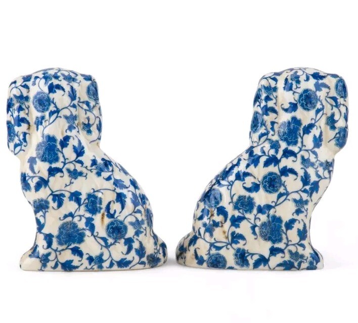 Staffordshire Reproduction Spaniel Blue Floral Dogs Pair Figurines-6”H