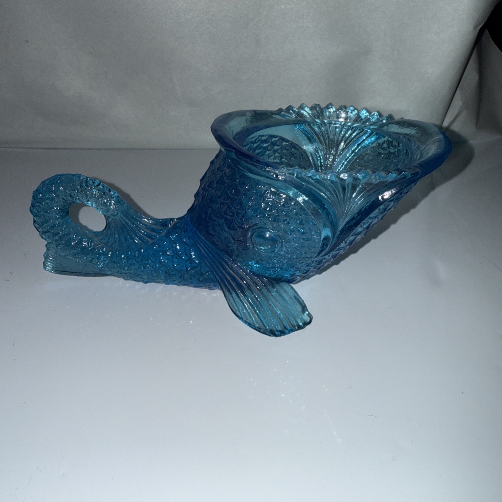 Teal Blue gGlass Fish Container Koi Shaped *No Lid Scale Pattern Rare