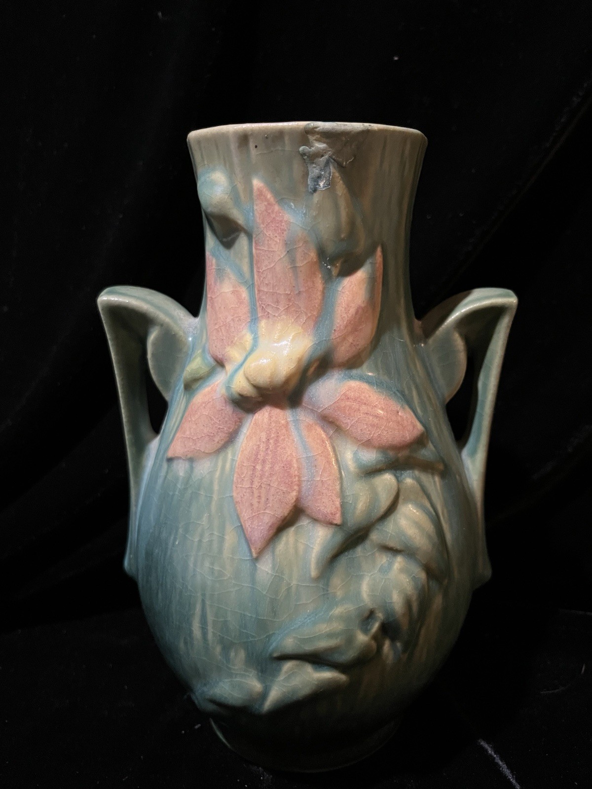 Vintage Roseville Pottery Clematis Double Handled Vase 103 – 8″ Green
