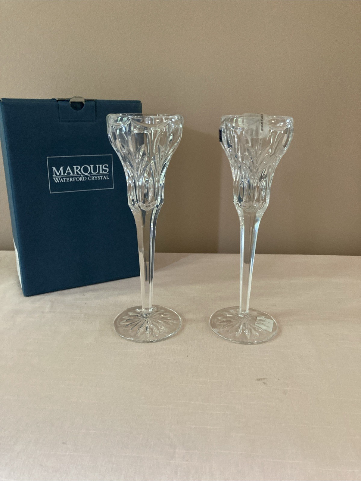 Set of Marquis by Waterford Crystal Single Light Candlesticks Canterbury 8.25 in