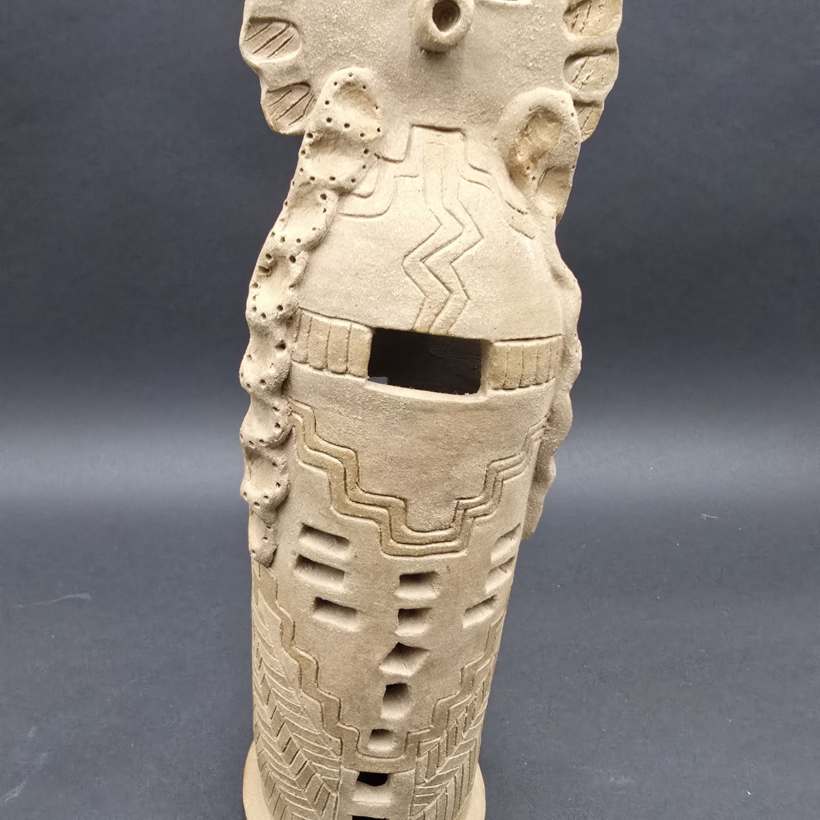 Clay Pottery Kachina Sculpture Candle Luminary Signed 12.5″ Native Folk Art