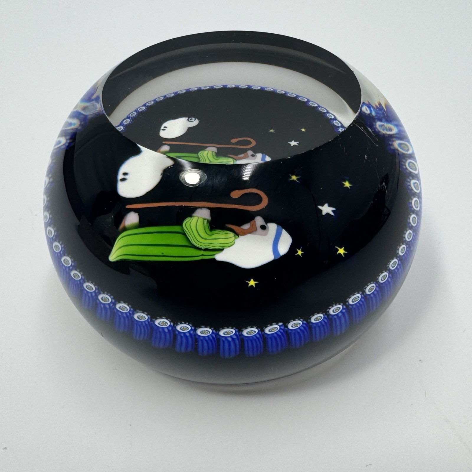 1982 Perthshire Art Glass Paperweight Christmas Shepherd & Lamb Faceted Signed P