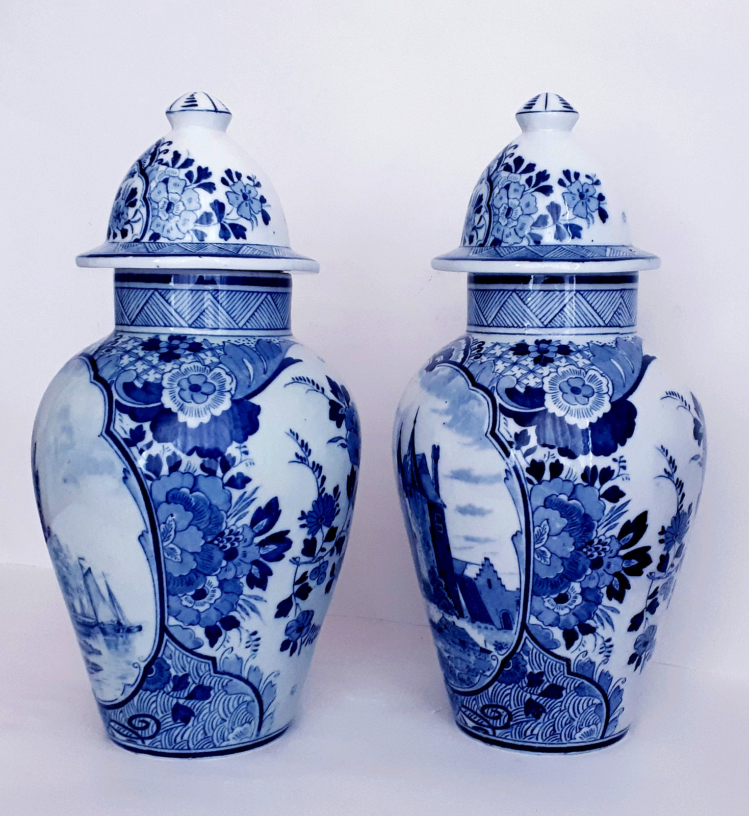Antique DELFT PAIR OF BLUE & WHITE GINGER JARS 13.8 INCHES LIDDED VASES