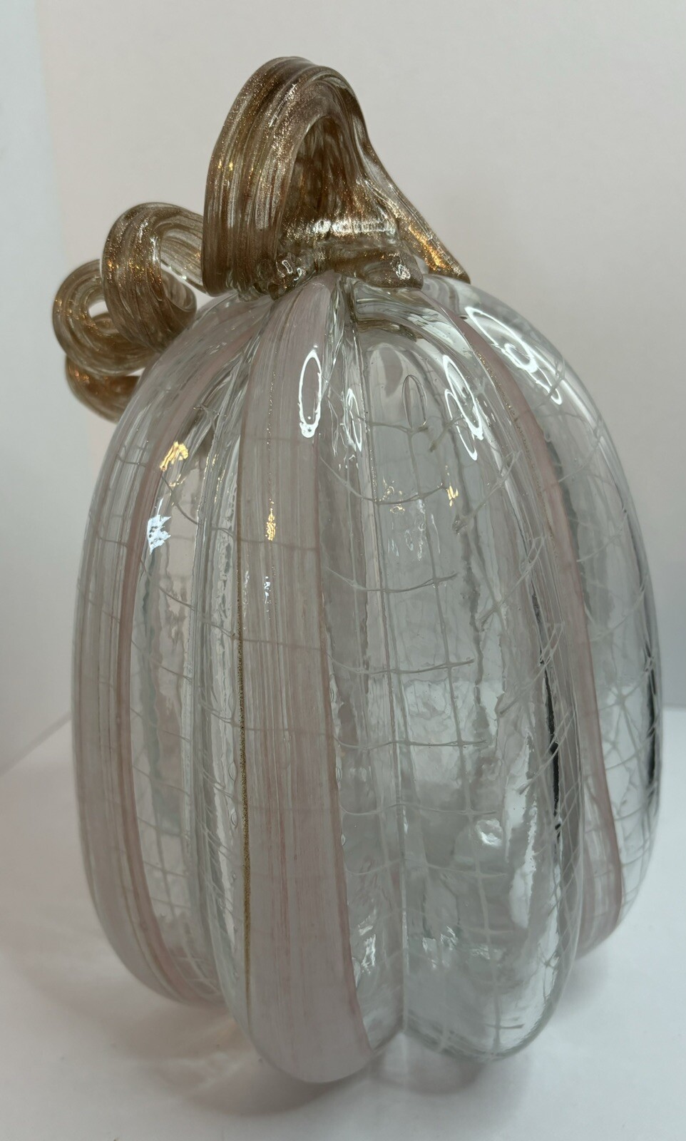 BLOWN GLASS CLEAR, WHITE, GOLD, LIGHT PINK FALL PUMPKIN ART GLASS DECORATION #1