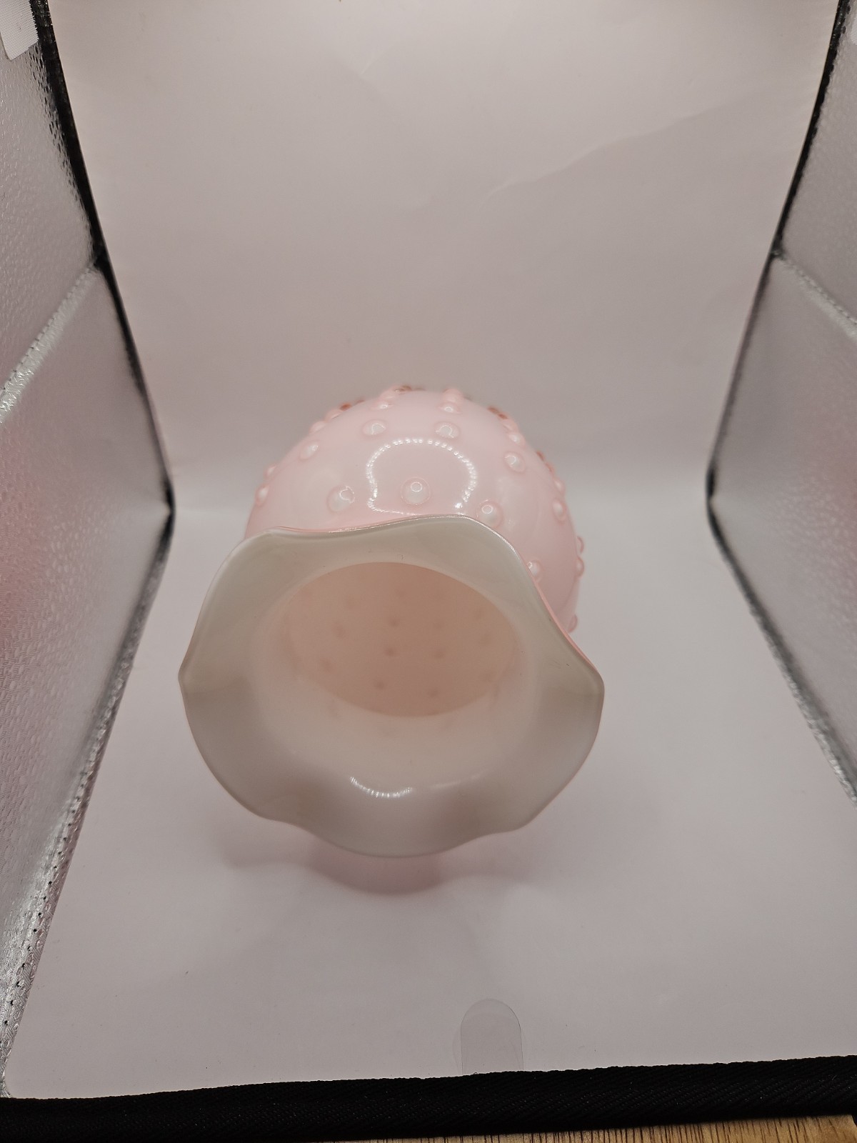Vintage 7” Fenton Pink Cased White Glass Hobnail Ruffled Petal Vase