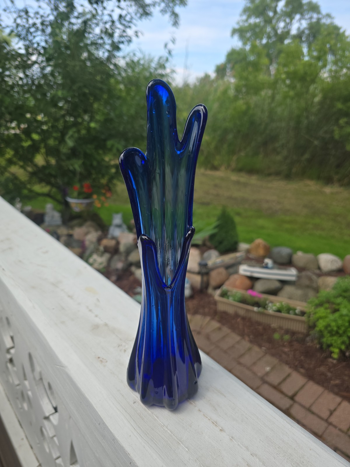 Vintage MCM 5 Finger Cobalt Blue Glass Swung Vase Approx 10” Tall Great Color