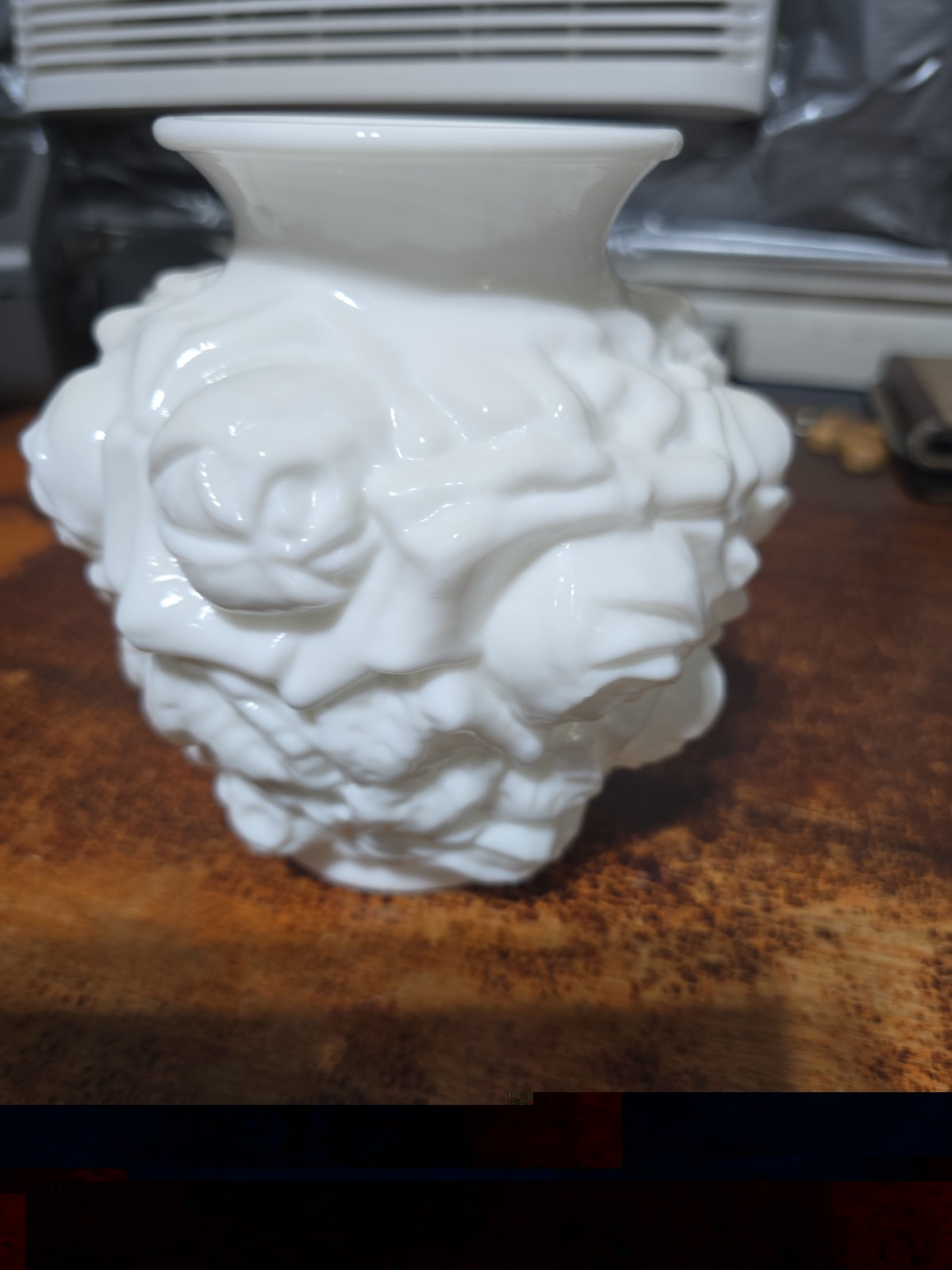 Vintage Imperial Milk Glass Roses Vase 6.5in Tall 6in Diameter