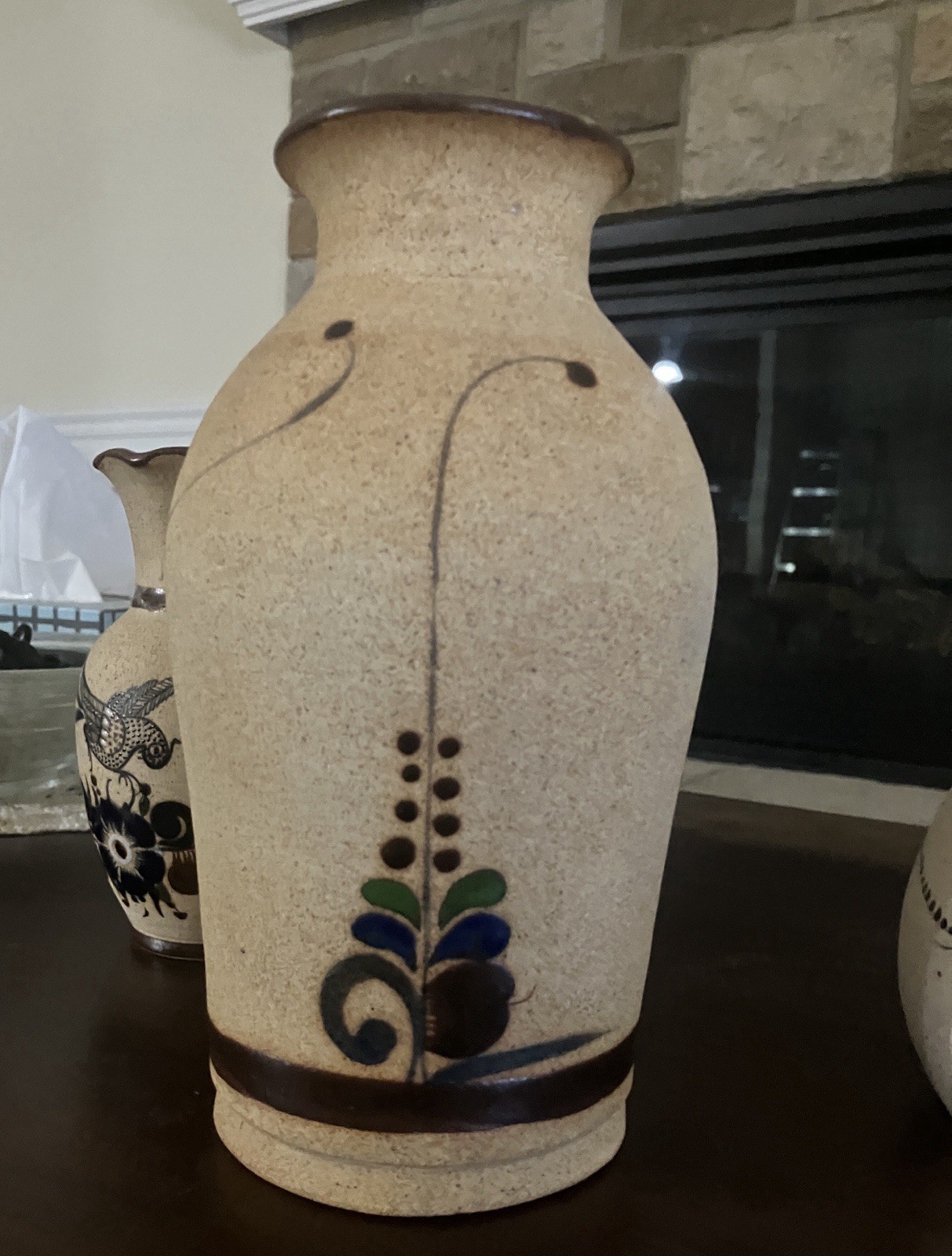 Large Handmade Pottery-“Flying Bird over Floral Design ”-Hand Painted Artwork