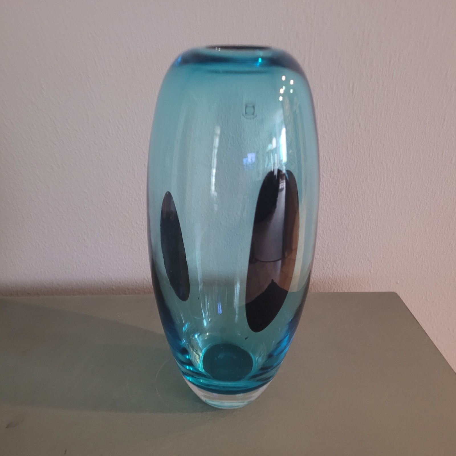Tarnowiec Art Glass Blue Vase with Black Spots Hand Blown in Poland 11.75″ T