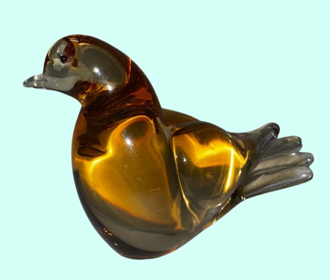 Murano Amber Glass Bird Figurine Handcrafted Small Decorative Collectible