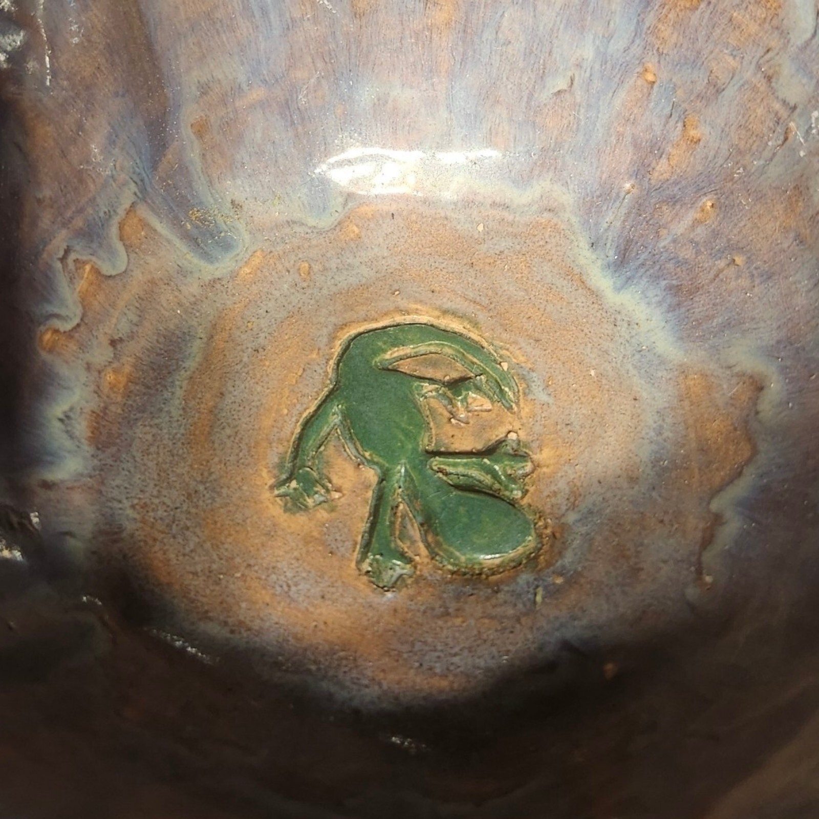 Studio Art Pottery Lizard Bowl 7″W Planter Glazed Green Brown Purple Blue Read