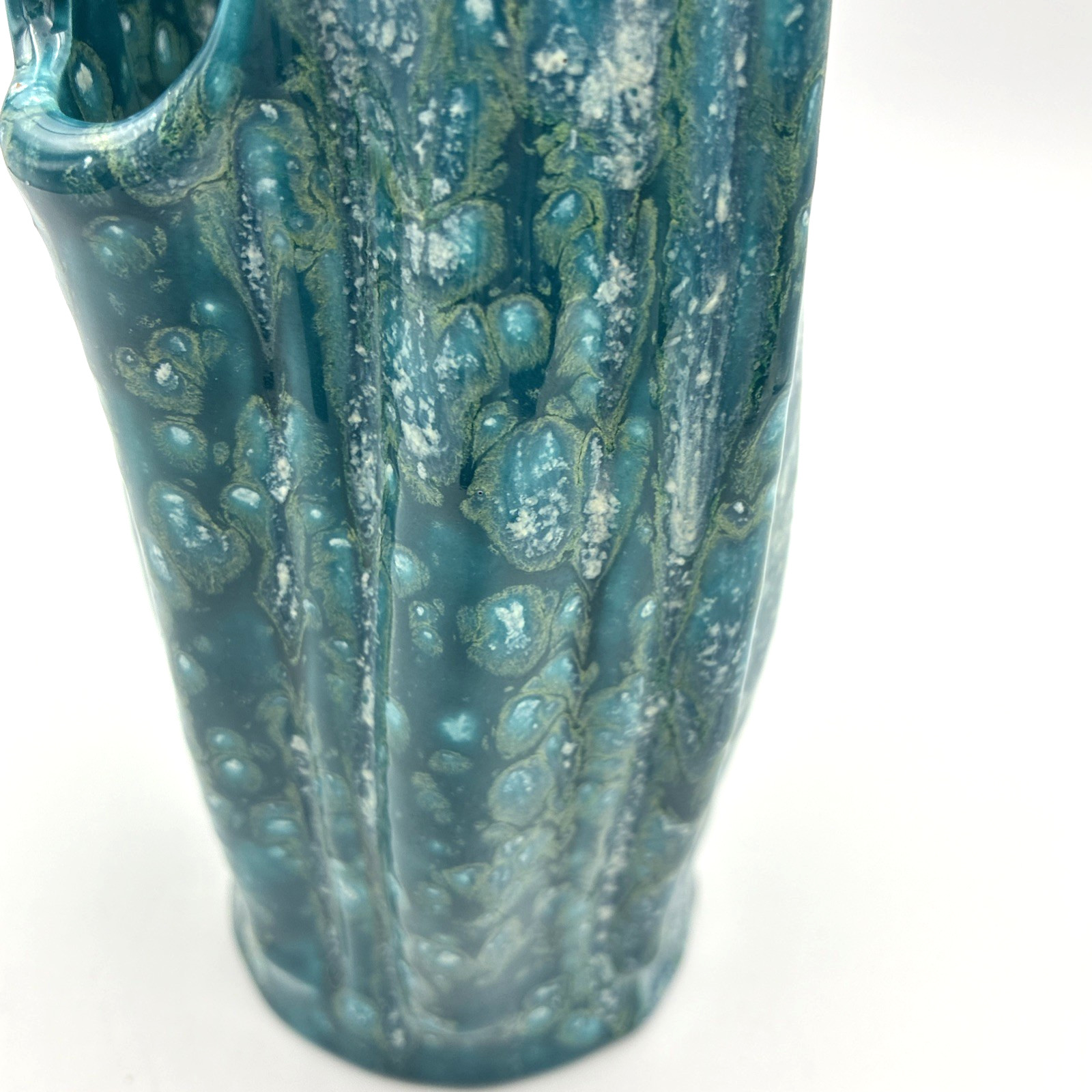 Vintage MCM Studio Pottery Teal Lava Glaze Flame Vase Signed Thelma 1966 14″