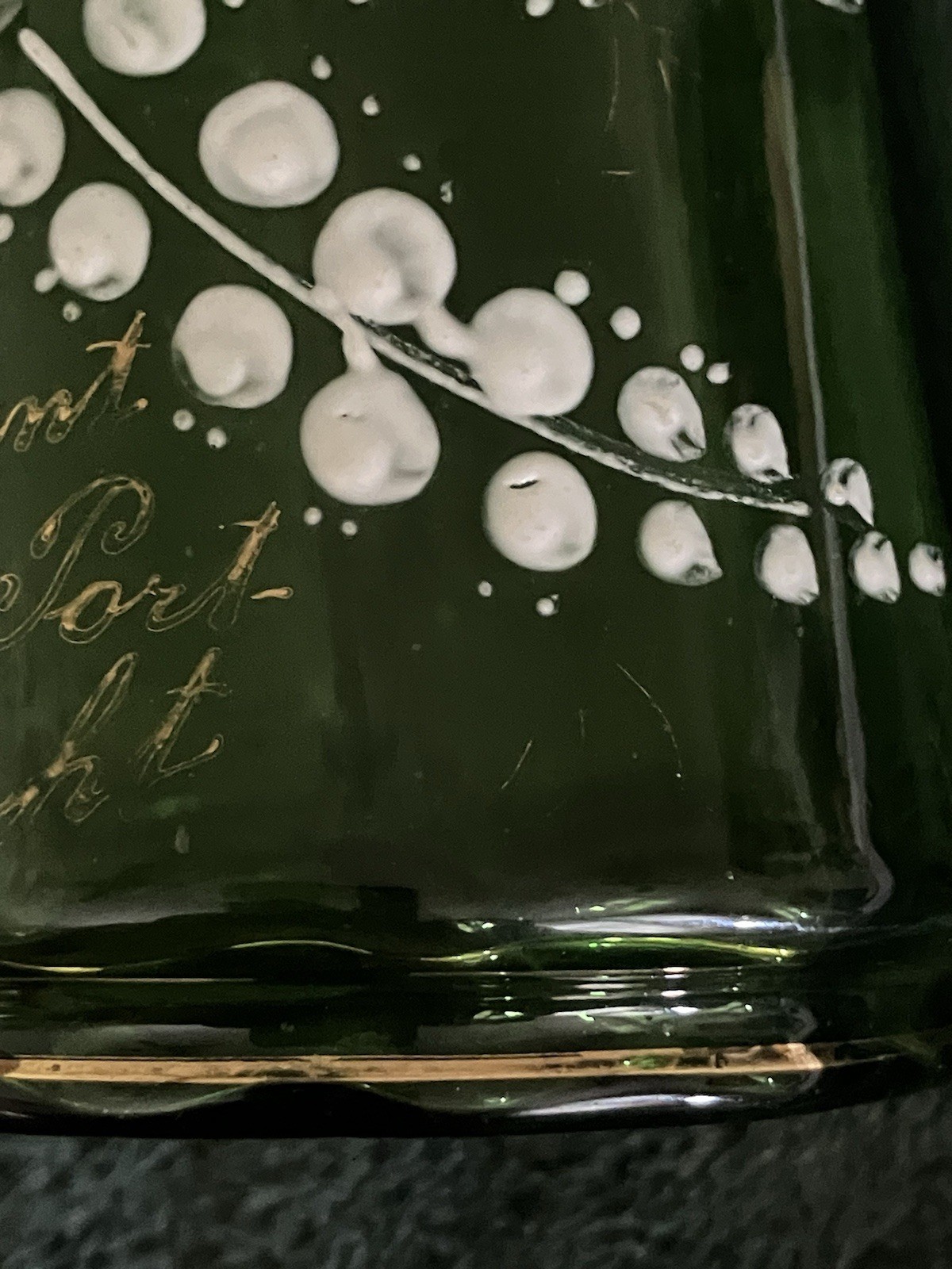 Antique Victorian Green Art Glass Vase Bottle Hand Painted Lily Of The Valley