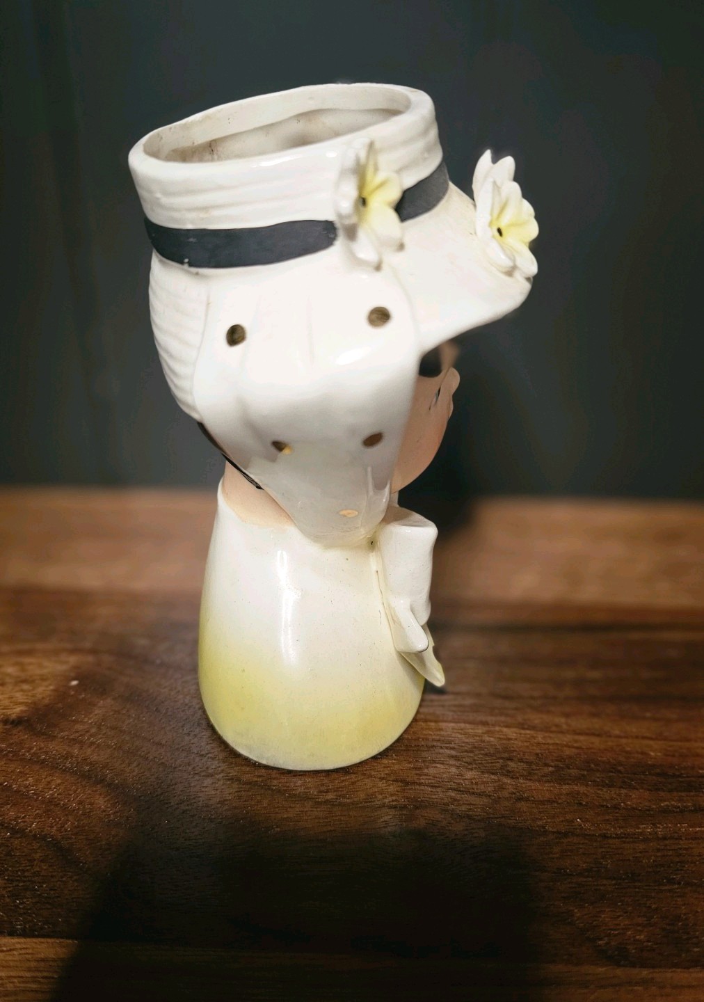 Vintage Relpo Lady Head Vase K1147 RARE YELLOW Gold Polka dot MCM Retro Chic 4