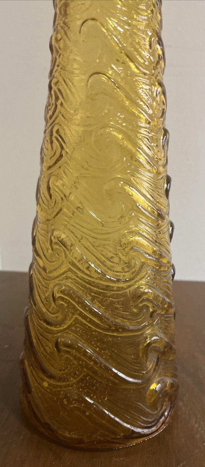 Vintage Amber Italian Empoli Glass Bottle With Stopper Wave Pattern