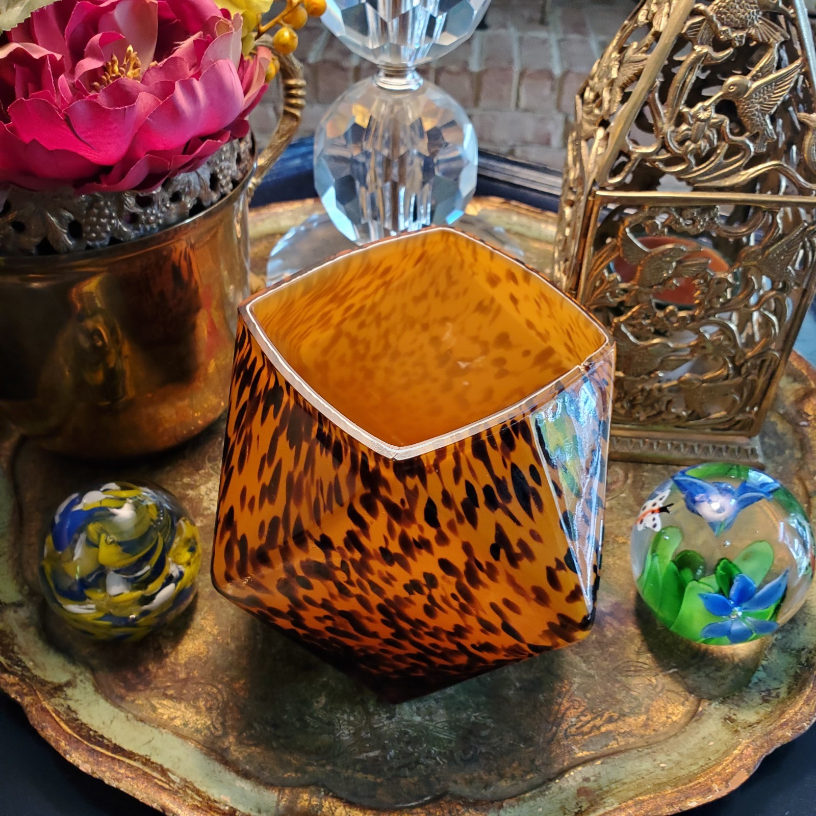 Vintage Leopard Speckled Polyhedral Glass Vase Mouthblown Handmade FLAW 5″x5″