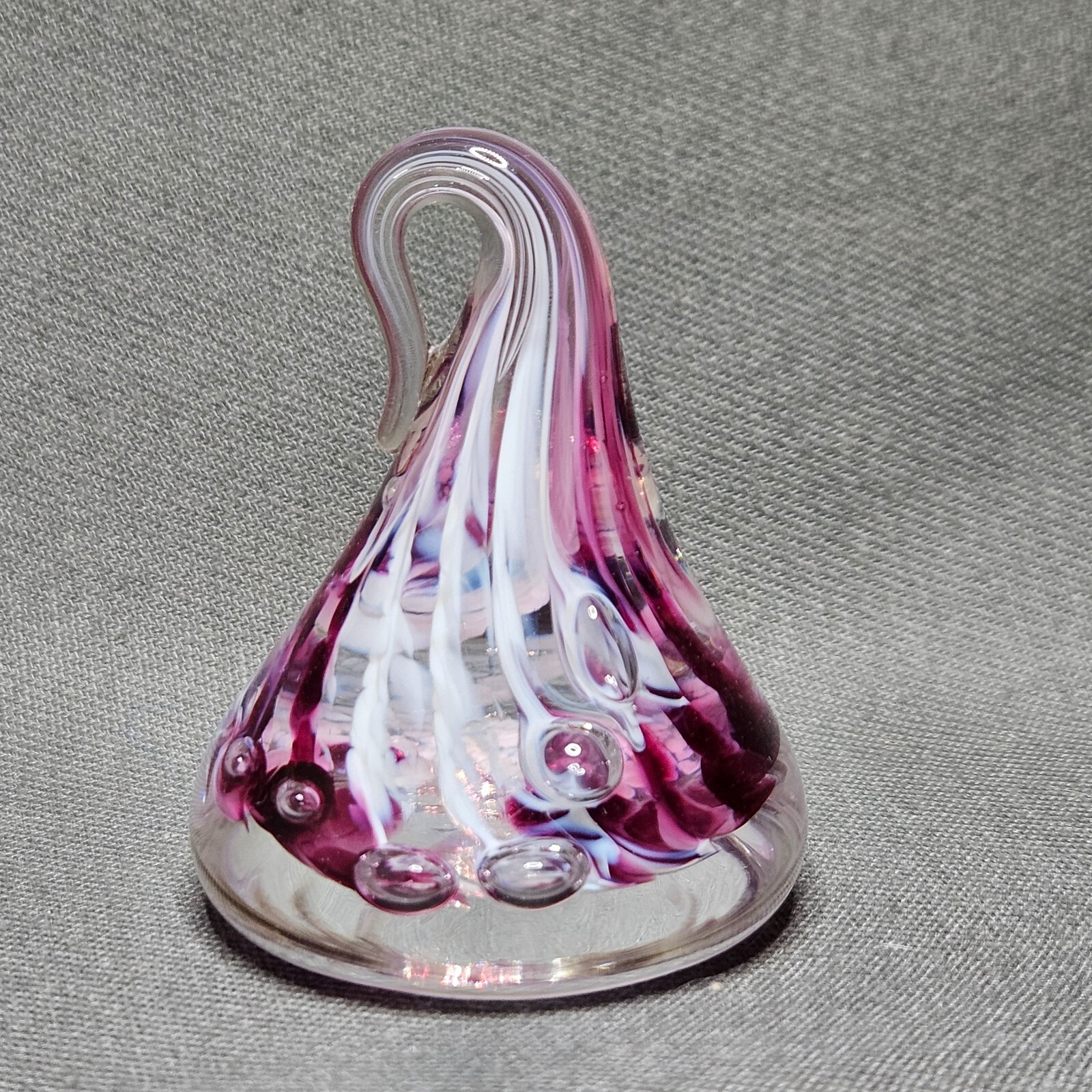 Small Hand Blown Art Glass Hershey Kiss White Pink Swirl w/Bubbles