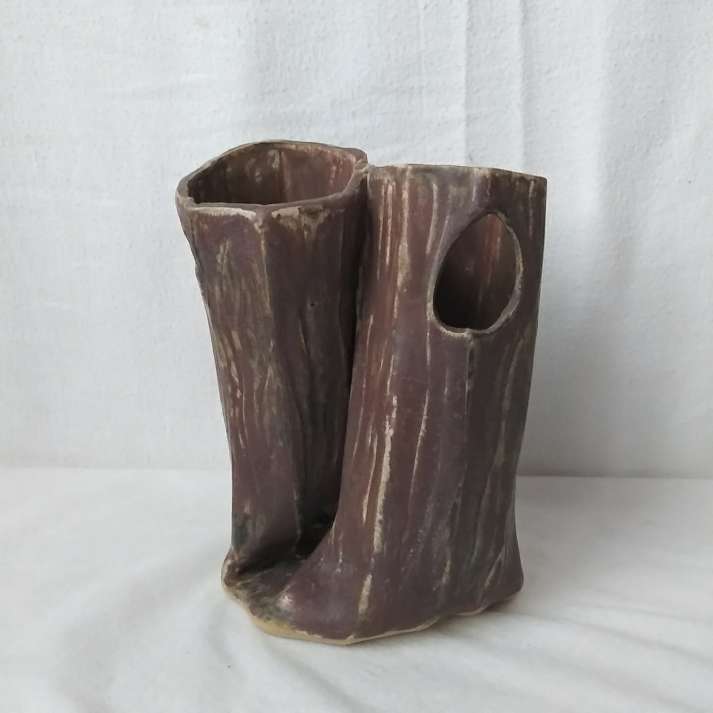 Handmade Pottery Vase Double Vessel Vintage 1998 Tree Trunk Rustic Signed