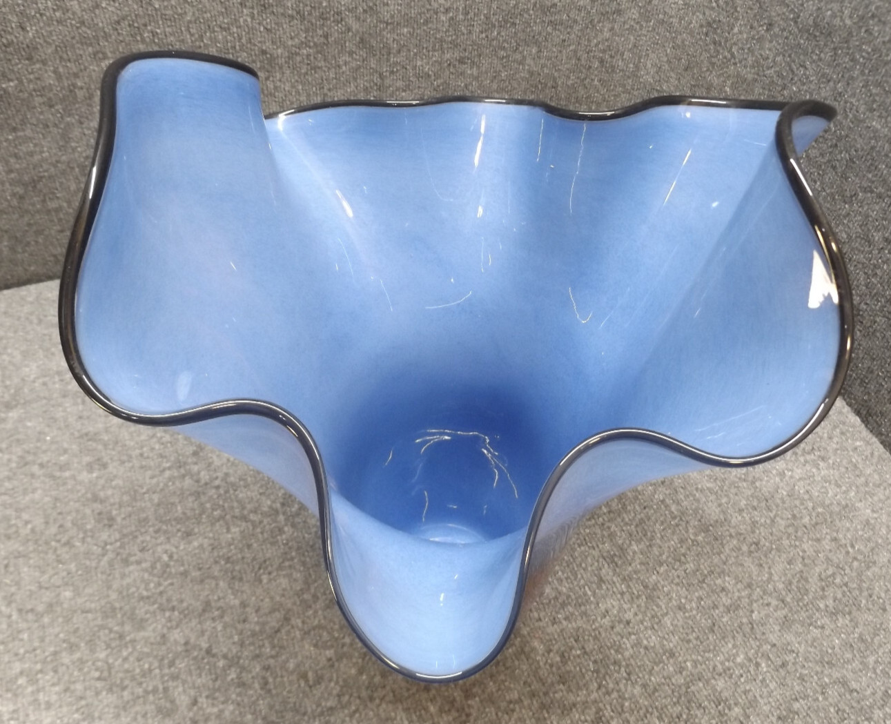 Hand Blown Glass Handkerchief Vase Blue Art Studio Large Signed Moriu Antou 17″