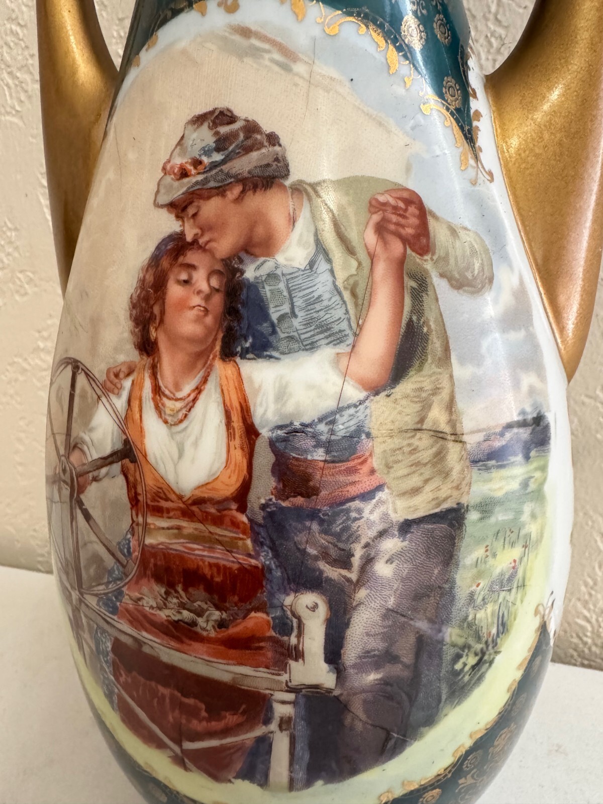 Antique Victoria Porcelain Schmidt & Co Austria Vase w/ Couple Decoration