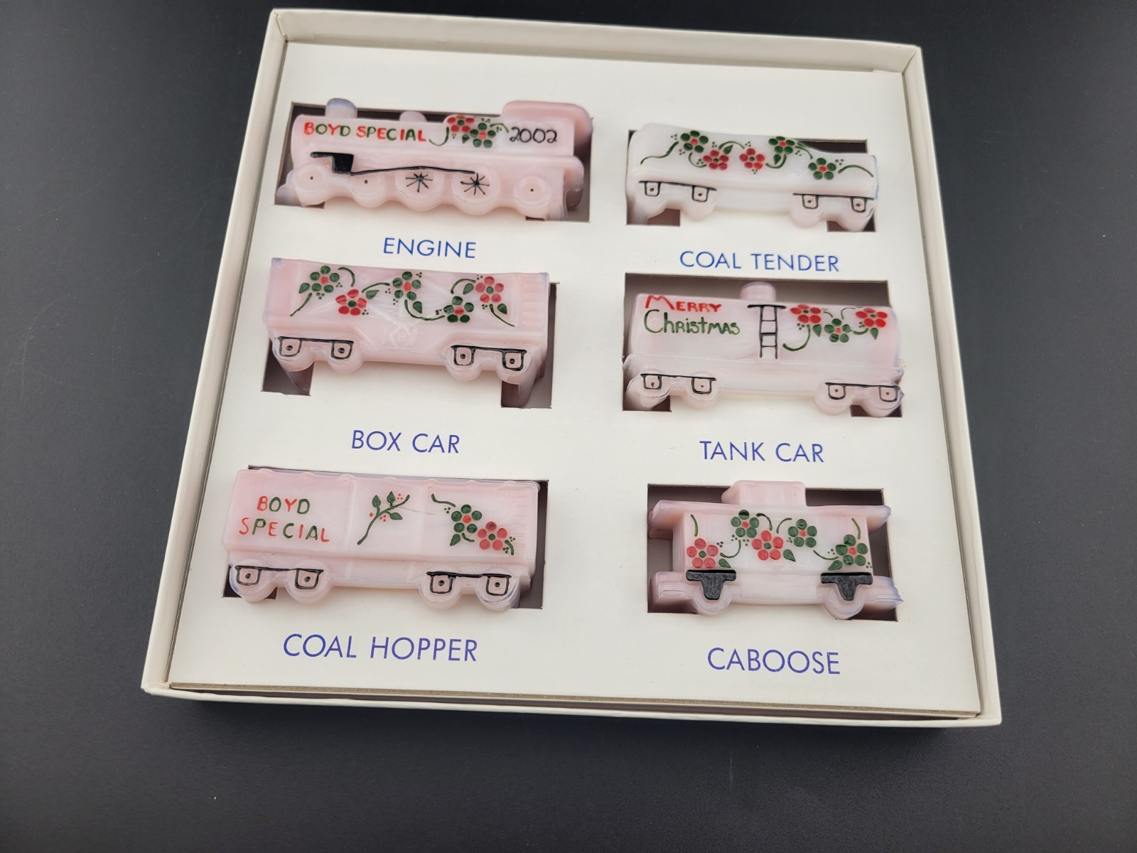 Boyds Special Opaque Pink Glass Christmas Train Handpainted Numbered In Box
