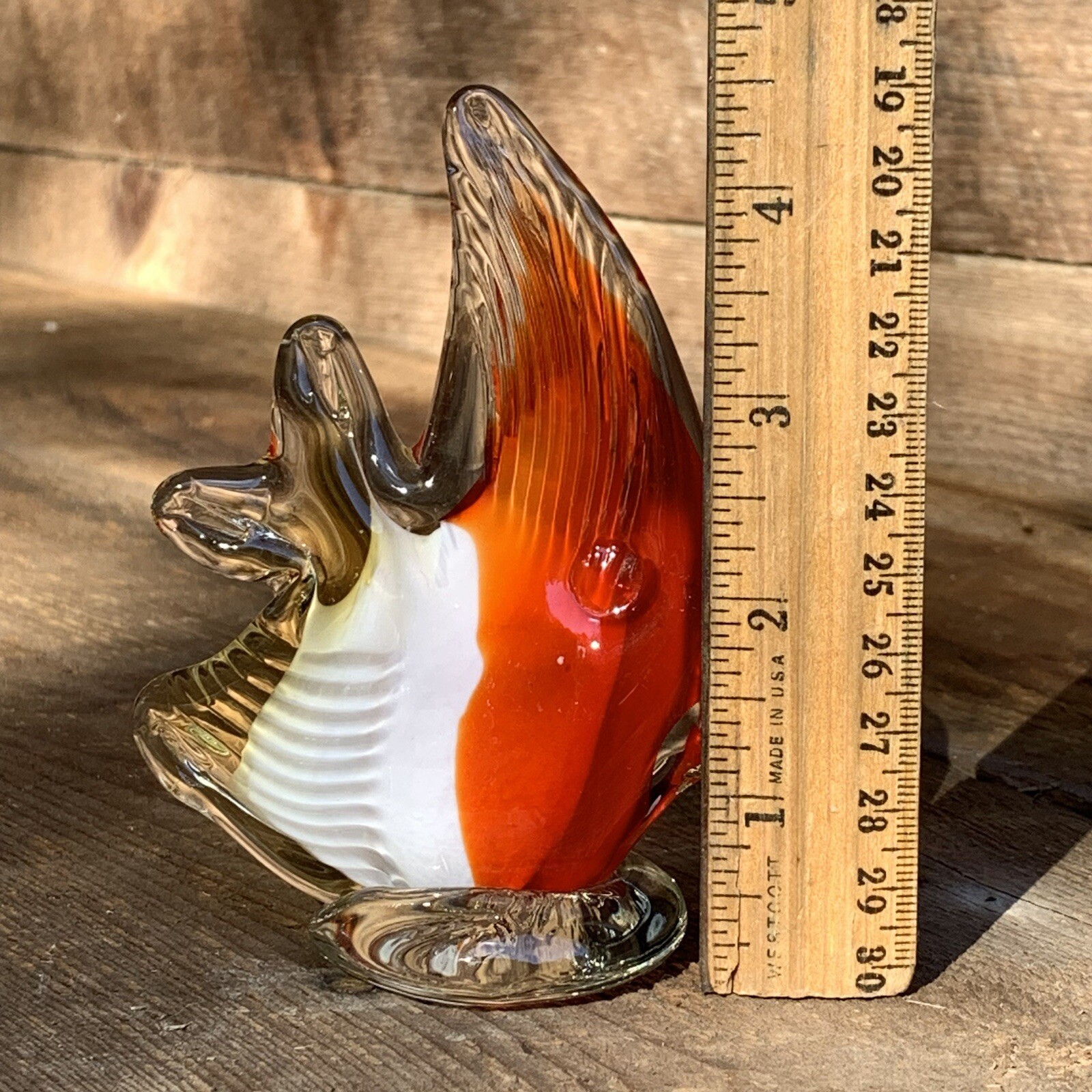 Art Glass Paperweight Tropical Angel Fish Red Orange White Clear 4.5” T