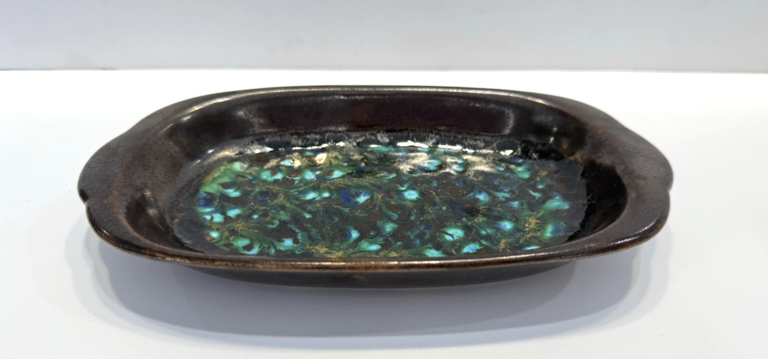 Mid Century Modern Green Brown Pottery Handmade Platter Glazed Retro 8″