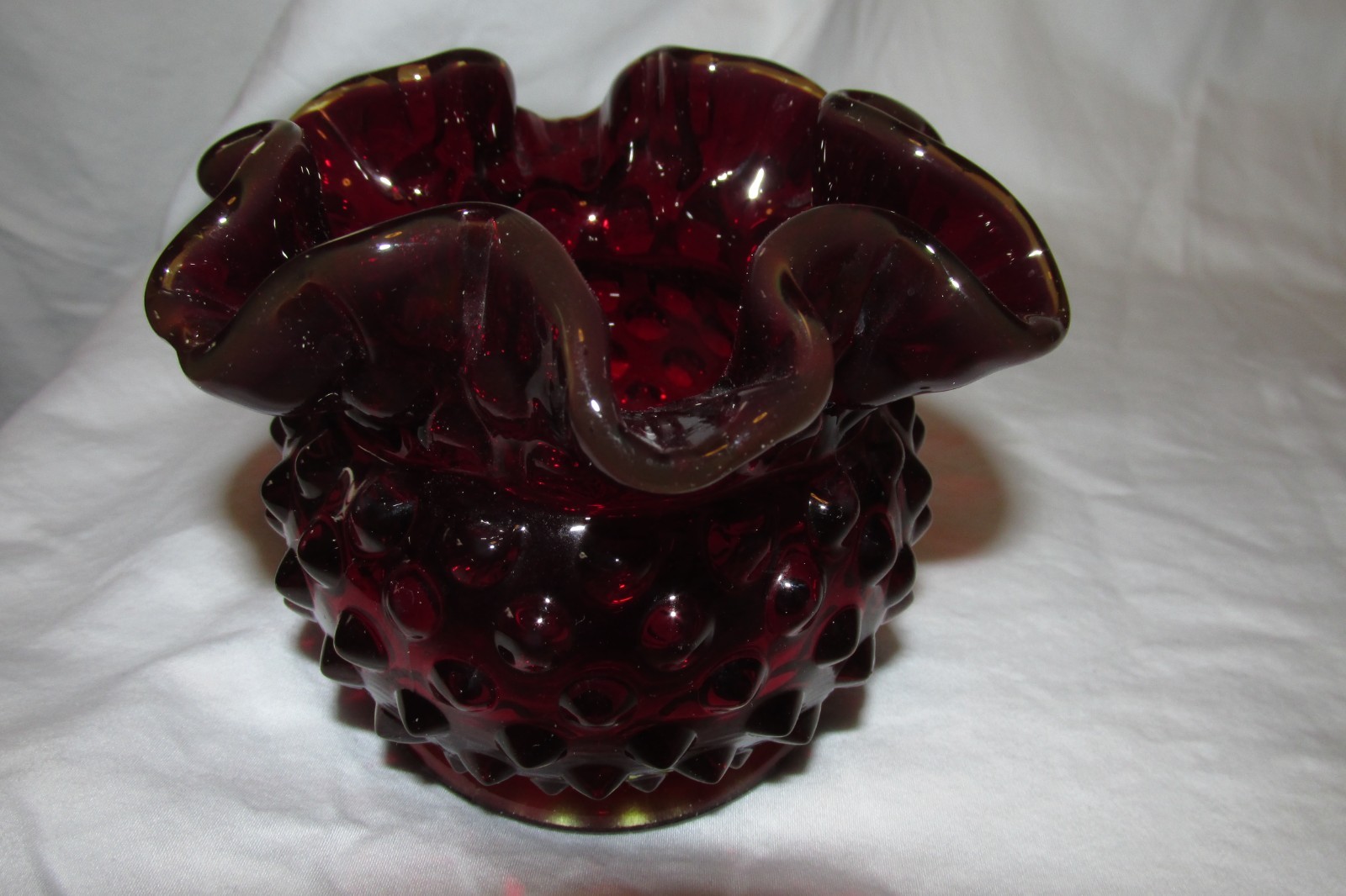 Vintage Fenton Dark Ruby Red Hobnail Ruffled Vase 3 Inch tall, Fenton stamp