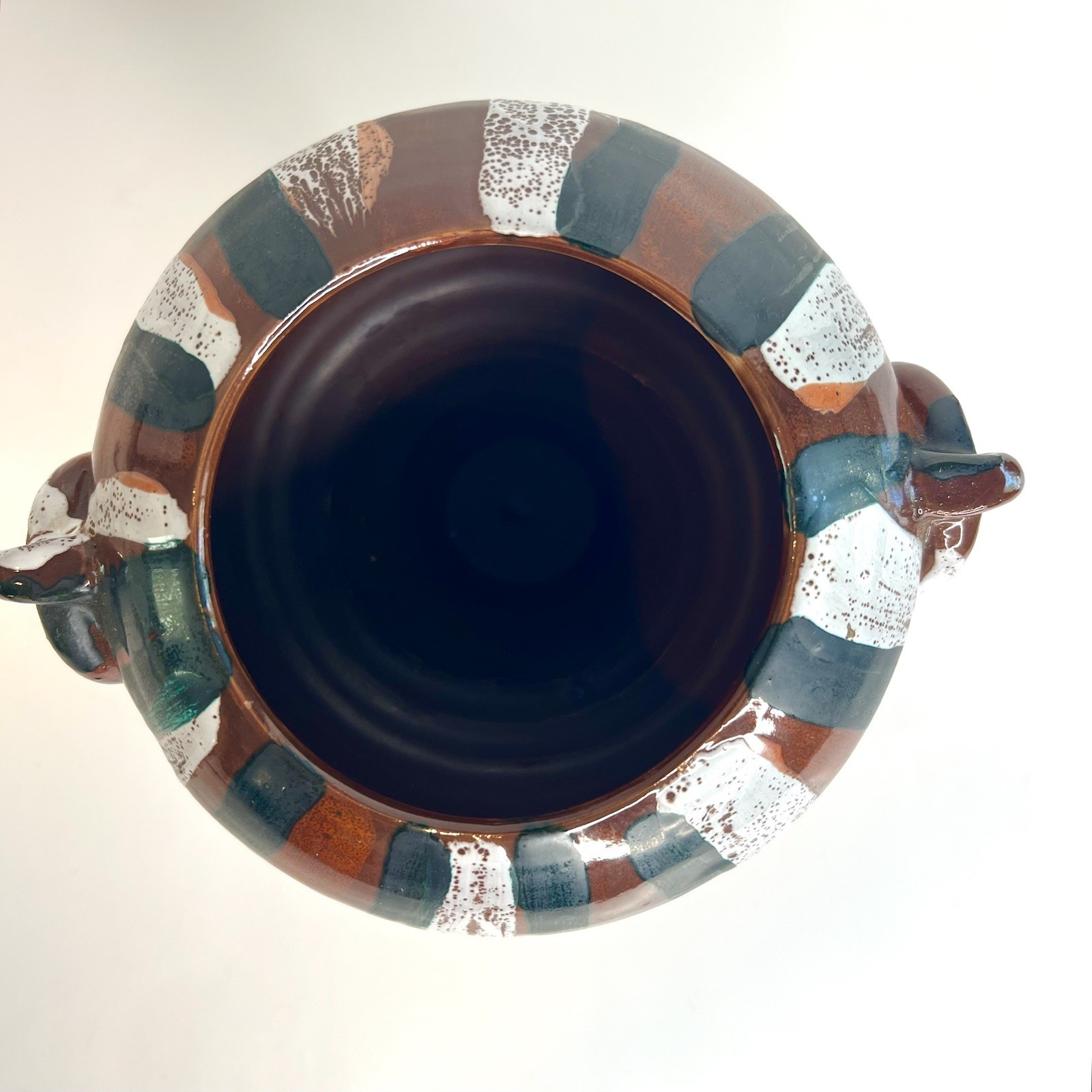 Decorative Italian Studio Art Pottery Vessel with Ring Handle Accents