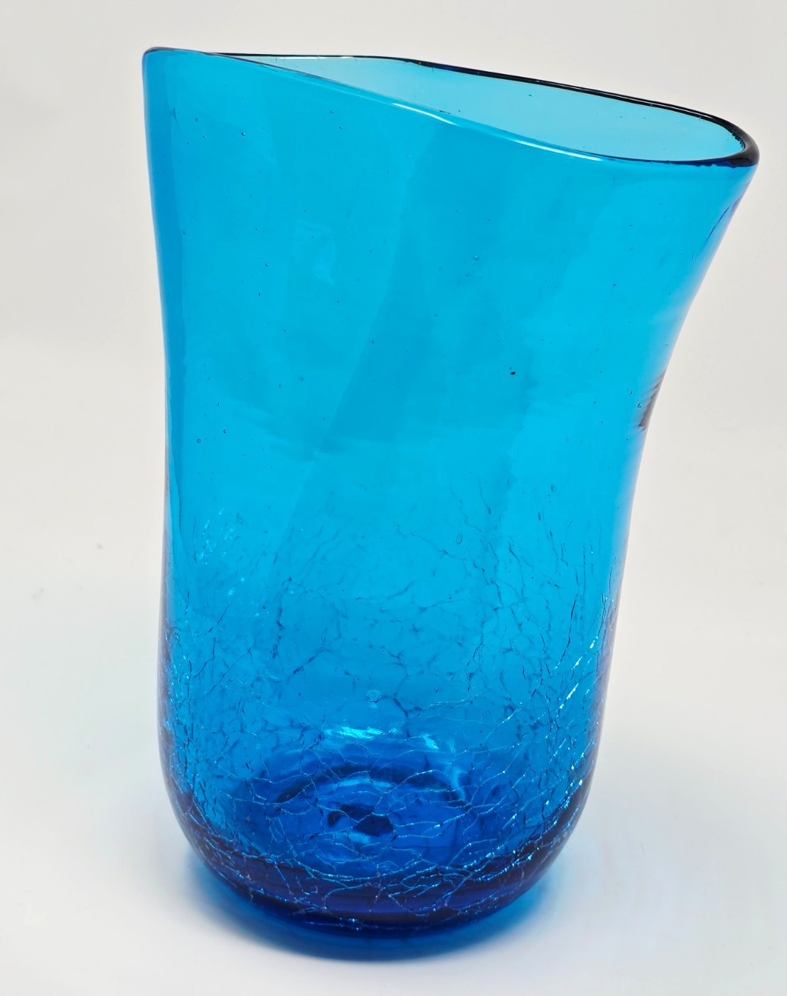 Vintage Blue Crackle Glass Vase Hand Blown Large 8 1/2″ Tall 2 lb 7 oz 6 3/4″ W