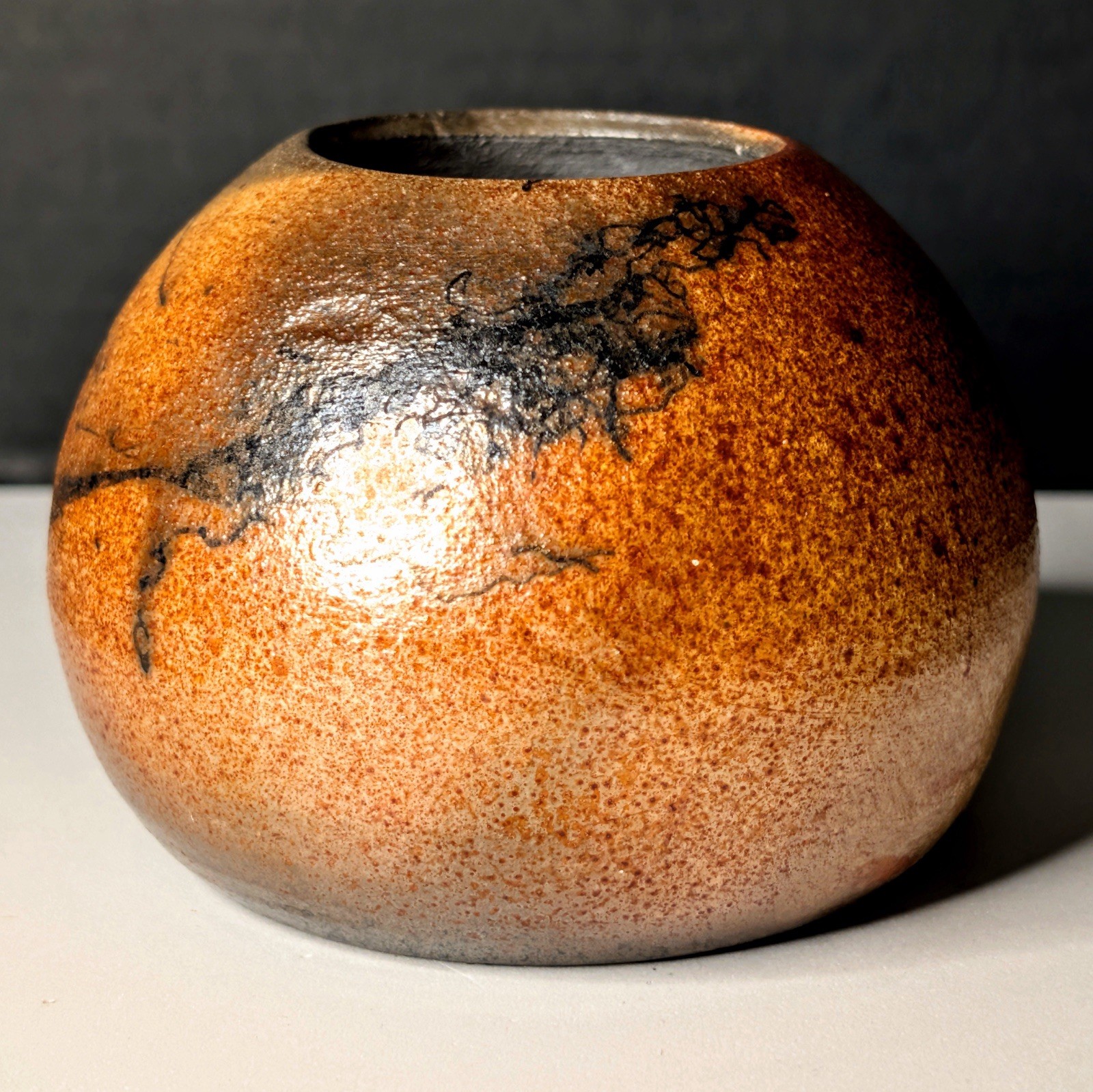 Small Raku Orb Shaped Vessel Metallic Copper Bronze Black Carbon Markings