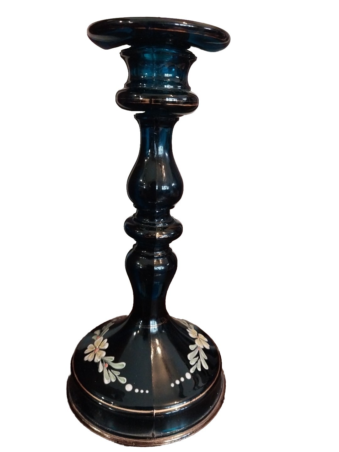Tiffin Glass Candlestick Single 9″ Peacock Jasper Blue Hand Painted Floral