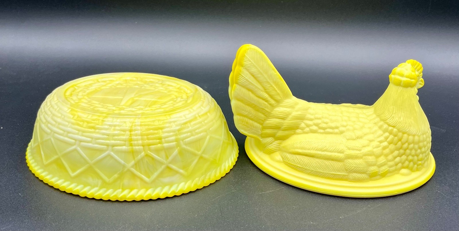 Mosser Glass Hen On A Nest 7 1/2″ Dandelion Cadmium Glow Large HON Woven Basket