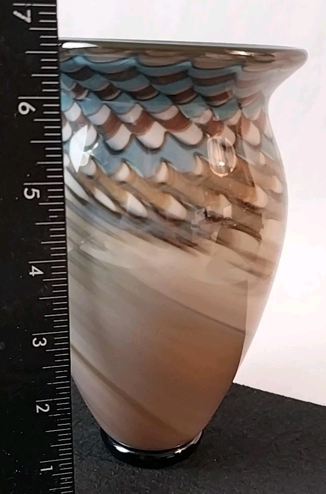 VTG Signed Nancy Freeman Art Glass Vase Peacock Feather 6.5″ Amazing & Perfect!!